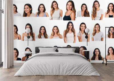 Set of headshots of different caucasian women smiling. Collage of 24 CLoseup photos of girls with transparent background.  Wall mural