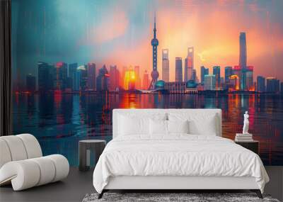 shanghai china business skyline with stock exchange trading chart double exposure, asia trading stoc Wall mural