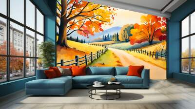 Watercolor painting style autumn landscape with country road Wall mural