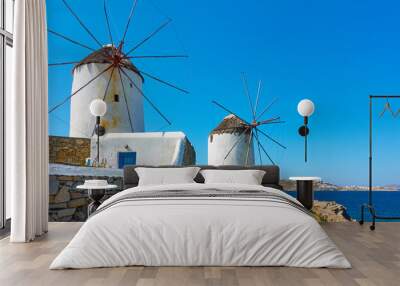 Windmills by the sea in Mykonos island in Greece Wall mural