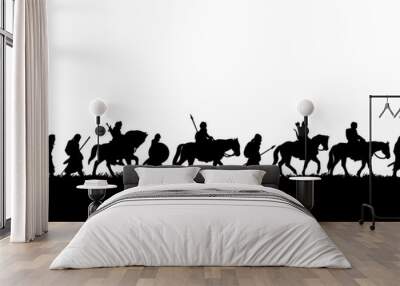 silhouette of group of medieval warriors on the expedition, vector black illustration on white background Wall mural