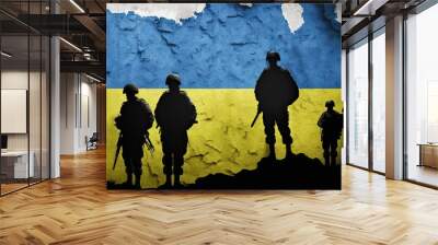 Silhouettes of soldiers with weapons, army on background of national flag of Ukraine. Illustration. Concept military conflict, revolution, war. Banner, copy space. Ai generative.  Wall mural