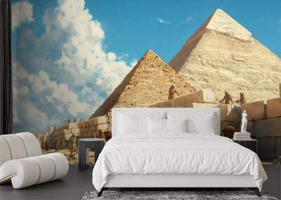 Slaves building Egypt pyramids, cartoon illustration, ancient Jewish in biblical Egypt exhile scene Wall mural