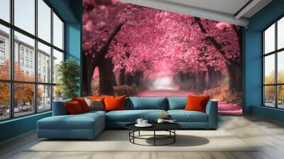 Spring dark pink blossom. Generative AI Wall mural