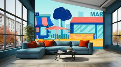 Street background with restaurant and market. Modern cafe with chairs and tables outside. Street lights, outdoor umbrella and trees. City street concept vector illustartion. Wall mural