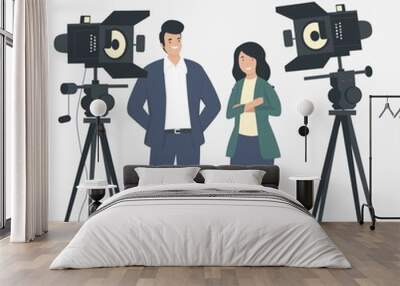 Successful couple posing for a photoshoot in a photo studio, flat cartoon illustration Wall mural