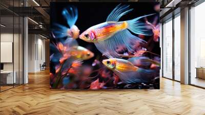 Swarm of Neon Tetra Paracheirodon innesi freshwater fish isolated Wall mural