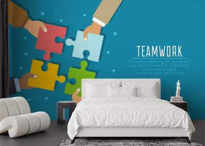 Teamwork concept. Businessmen hold in hands and connect the pieces of jigsaw puzzle. Team work business metaphor. Vector illustration in flat style. Wall mural