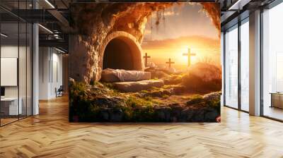 The empty tomb of the crucifixion of Jesus. Easter or resurrection motif. Wall mural