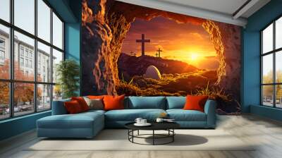 The empty tomb of the crucifixion of Jesus. Easter or resurrection motif. Wall mural