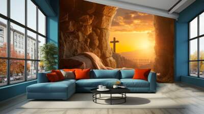 The empty tomb of the crucifixion of Jesus. Easter or resurrection motif. Wall mural