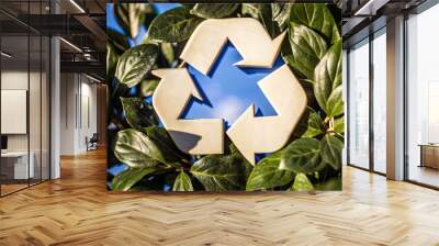 The metal recycling symbol is prominently displayed, nestled among vibrant green foliage, capturing the essence of sustainability and environmental awareness in natural light Wall mural