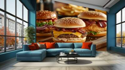 Three juicy tasty hamburgers lie on a wooden table in a bar or cafe. Wall mural