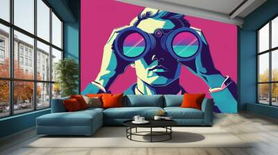 Businessman looking through large binoculars. Business leadership concept. Wall mural