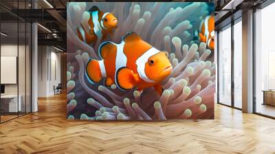 Family of clown fish in anemones. AI generated illustration. Wall mural