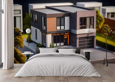 Miniature model of a two story suburban house of rectangular shape. AI generated illustration. Wall mural