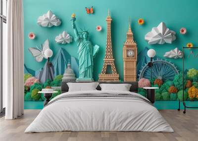 Travel the world landmarks cartoon illustration Wall mural