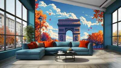 Triumph Arch in Paris, France, cartoon illustration Wall mural