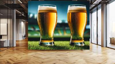 Two beer glasses standing on the grass of the pitch with a ball in the background, a beer advertising or soccer world cup theme with space for text or inscriptions Wall mural