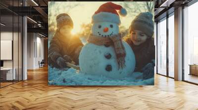 Two children playing with a snowman in the snow Wall mural