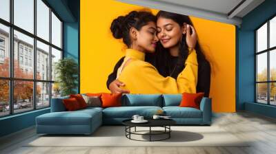 Two friends hugging, Lesbian women in love. LGBTQ+ month pride  celebration generate ai Wall mural