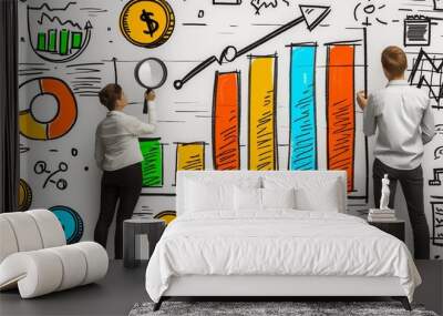 Two persons man and woman with a trading economy statistics chart levels grow market analysis, learning, trend finding, success or business investment, cartoon illustration Wall mural