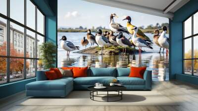 Various species of birds congregate on a rock in the calm waters of a lake, surrounded by lush greenery under a clear blue sky filled with fluffy clouds Wall mural