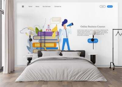 vector flat web illustration online business courses, a young guy with a speaker on the background of books is gaining a new team for work on projects Wall mural