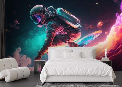 Vivid colorful illustrations of astronaut in space surfing on surfboard waves of galaxies generate ai. Wall mural