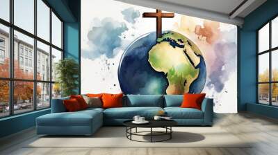 Watercolor illustration of a Christian cross on earth on a white background. Digital painting Wall mural