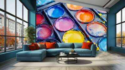 Watercolor or acrylic paints. Palette close-up Wall mural