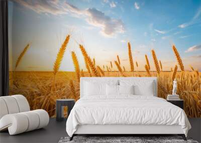 Wheatfield at sunset. Spikes of wheat against the blue sky at sunset, generated AI. Wall mural