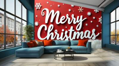 white text merry Christmas on rec background with snowflakes Wall mural