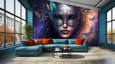 Woman in Carnival Mask, Mardi Gras celebration illustration generative ai Wall mural