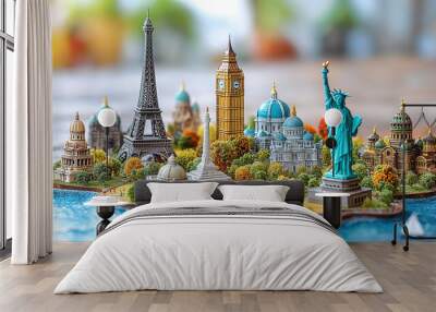 World landmarks travel illustration - Eiffel tower, Big Ben, Liberty statue, USA, Europe, France,  Wall mural