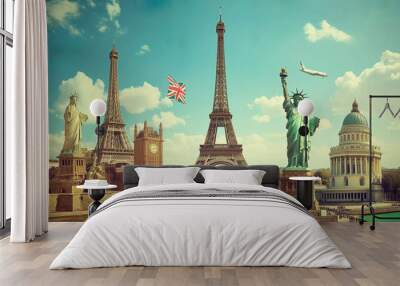 World landmarks travel illustration - Eiffel tower, Big Ben, Liberty statue, USA, Europe, France, UK London Wall mural