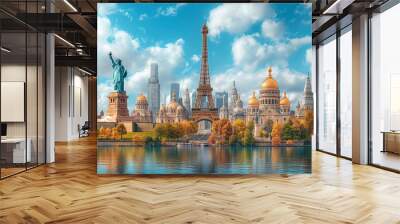 World landmarks travel illustration - Eiffel tower, Big Ben, Liberty statue, USA, Europe, France Wall mural