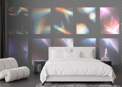 Crystal light glasses effect sparkle prism glare reflection effect. Banner optical rainbow lights, glare, leak, streak overlay. falling confetti. Vector banner colorful vector lenses and light flares. Wall mural