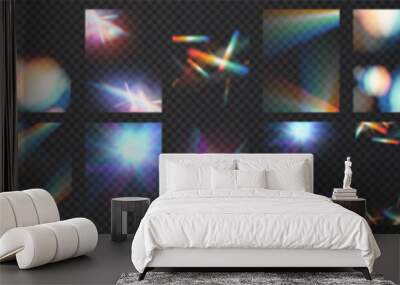 Crystal light glasses effect sparkle prism glare reflection effect. Banner optical rainbow lights, glare, leak, streak overlay. falling confetti. Vector banner colorful vector lenses and light flares. Wall mural