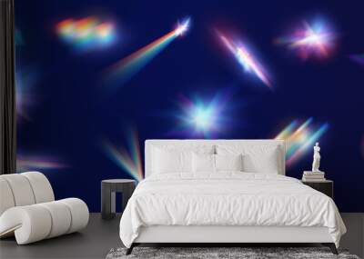 Iridescent crystal leak glare reflection effect. Optical rainbow lights, glare, leak, streak overlay. falling confetti. Vector colorful vector lenses and light flares with transparent effects. Wall mural