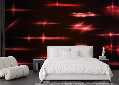 Light red effect reflections, neon illumination in red colors. Bright light lens. Police light effects, lines. Shiny stars, glowing sparks on a black background. Vector red light effect Wall mural