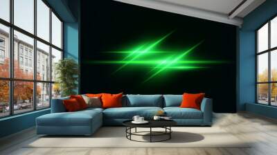 Realistic light reflections, neon illumination in green  colors. Bright light lens. Police light effects, lines. Shiny stars, glowing sparks on a black background. Vector	 Wall mural