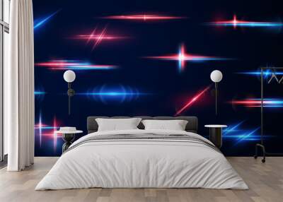 Realistic light reflections, neon illumination in red and blue colors. Bright light lens. Police light effects, lines. Shiny stars, glowing sparks on a black background. Vector Wall mural