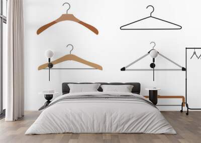 Realistic wooden hangers. For coats, sweaters, dresses, skirts, pants. Design template,layout for graphics, advertising Wall mural