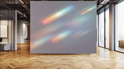 Set of colorful vector lenses and light flares with transparent effects. Iridescent crystal leak glare reflection effect. Optical rainbow lights, glare, leak, streak overlay. falling confetti. Vector Wall mural