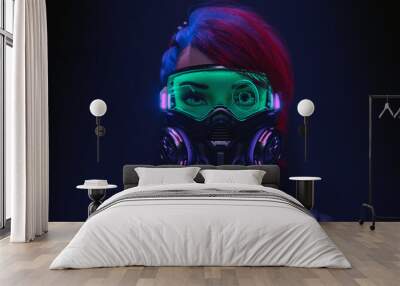 3d illustration of a front view of a cyberpunk girl in futuristic gas mask with protective green glasses and filters in stylish jacket with purple el wire standing in a night scene with air pollution. Wall mural