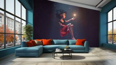 3d illustration of an asian girl sitting in the air in deep space with stars. Young cartoon woman floating in the air. Girl in the dark extends hand to the shining star. Space art. Deep dream concept. Wall mural