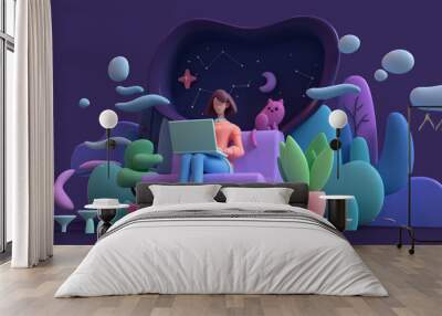 3d illustration of brunette woman with laptop sitting on a sofa late at night on purple background. Abstract concept art lazy sedentary lifestyle of young freelancer working from home with cat, plants Wall mural