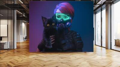 3d illustration of cyberpunk girl with short red hair wearing futuristic gas mask with protective green glasses and filters in jacket holding a black cat in one hand in night scene with air pollution. Wall mural