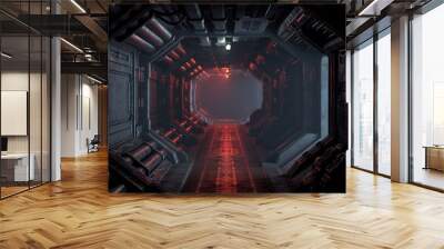 3d rendering of realistic sci-fi dark corridor with red light. Futuristic tunnel with grunge metal walls. Cyberpunk tunnel. Interior view. Modern futuristic hall. Empty corridor in a spaceship. Fog. Wall mural